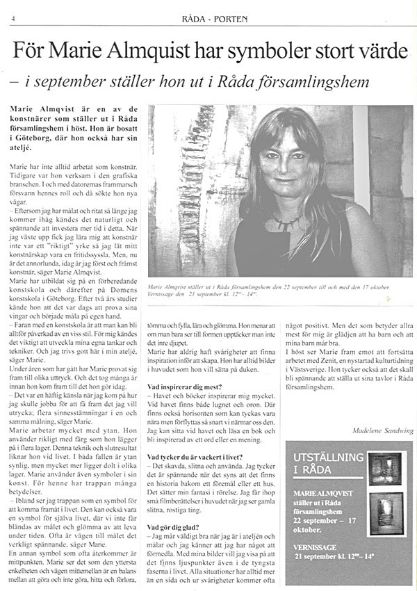 Artikel om Marie Almqvist, wwww.mariealmqvist.se